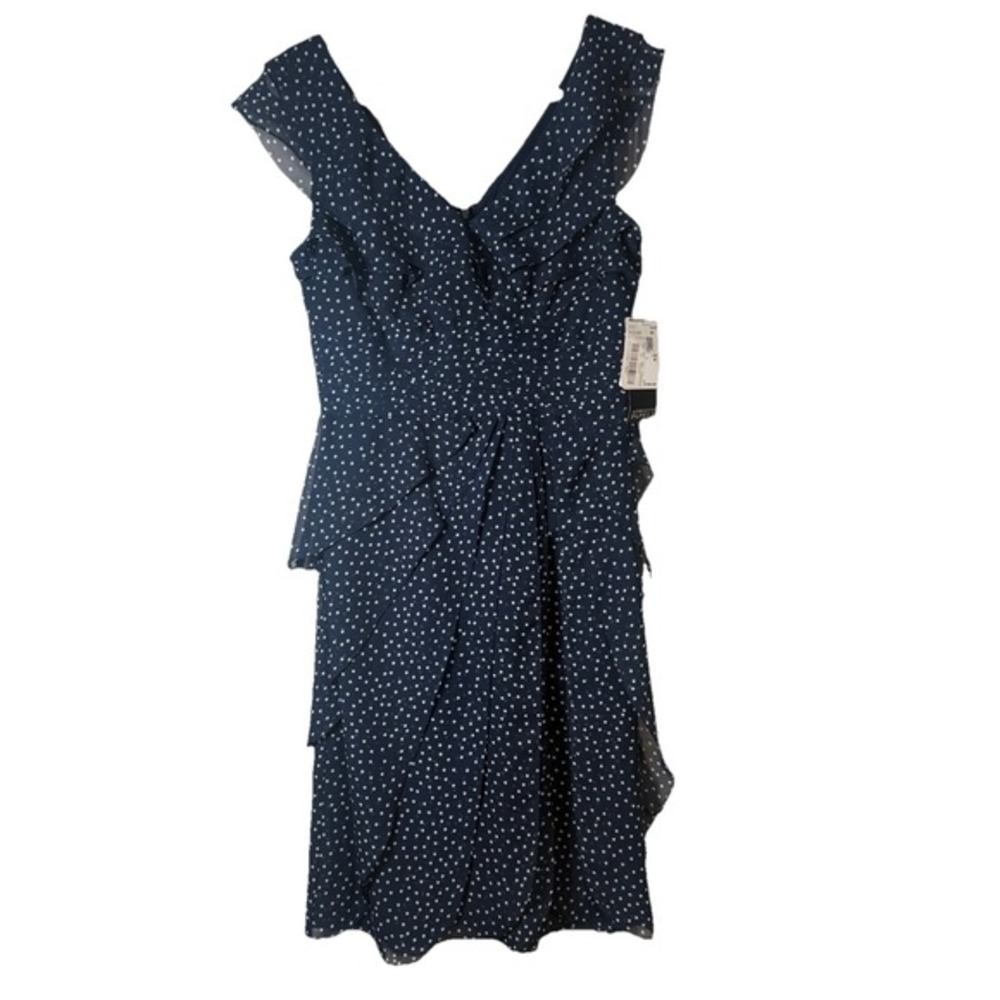 Adrianna Papell Womens 4 Navy Polka Dot Chiffon Ruffle Fit & Flare Dress NWT - Picture 4 of 12